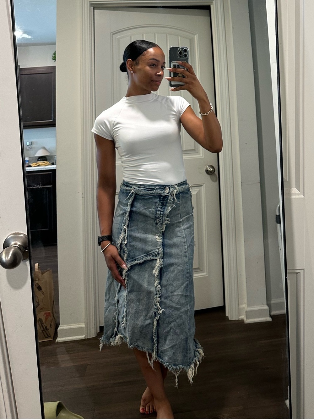 Fashion Nova Light Wash Distressed Denim Midi Skirt - Light Blue